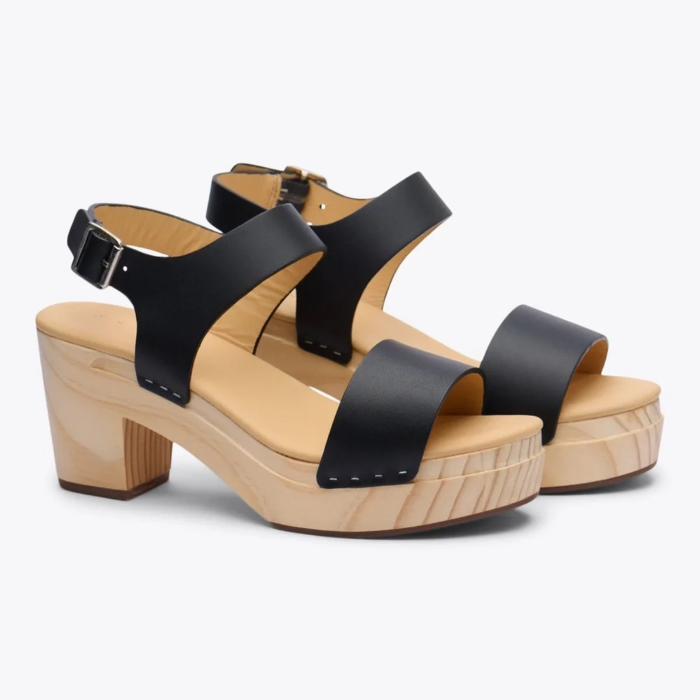 Nisolo Black Leather Platform Sandal with Wood Heel